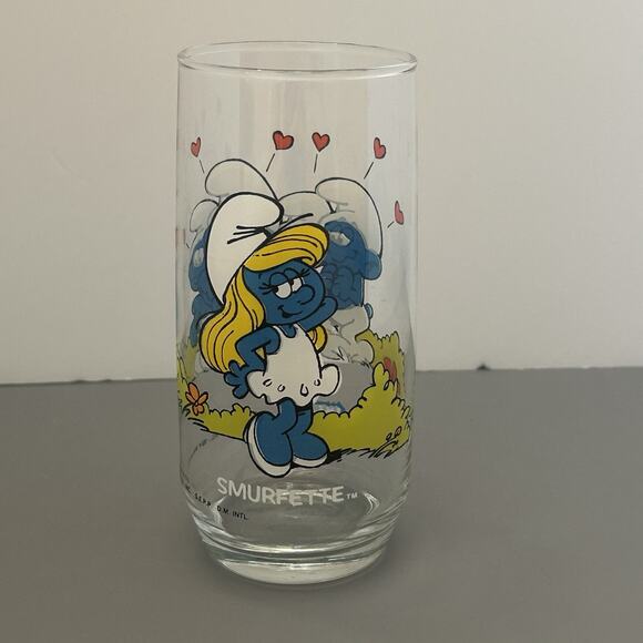 Smurf Brainy and Smurfette Collector Glass/Tumbler 1983 Peyo Vintage 6” Lot of 2 - Picture 7 of 12